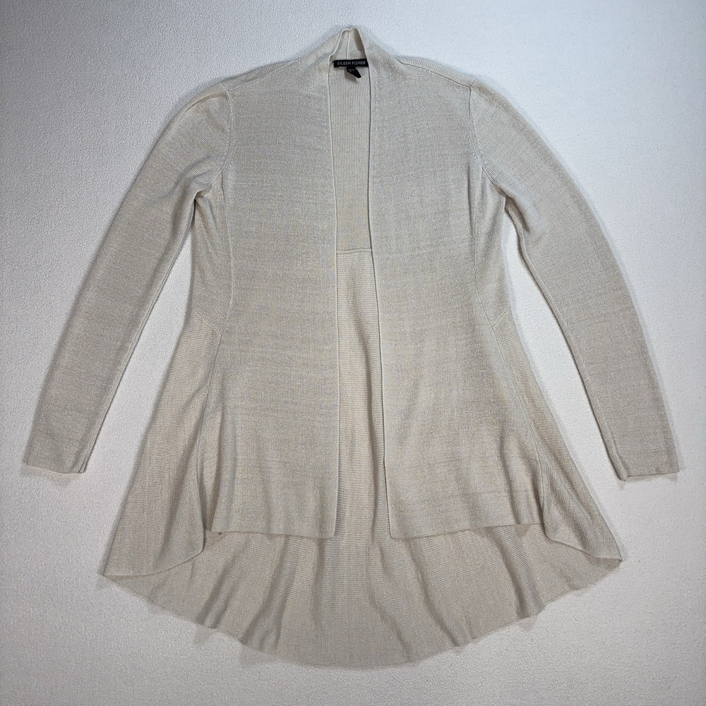 Eileen Fisher Linen Long Cardigan Women's XS Off-White Beige Coastal Resort
